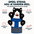 Brawlcat puppet with four paws and labelled features. Dutch text: play rough, keep your hands; the toy you wear on your arm; tickly whiskers, crinkly ears, catnip pockets, protective sleeve.