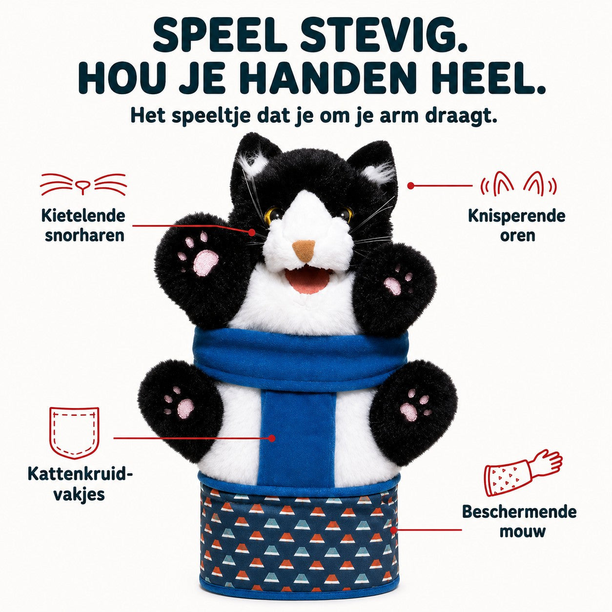 Brawlcat puppet with four paws and labelled features. Dutch text: play rough, keep your hands; the toy you wear on your arm; tickly whiskers, crinkly ears, catnip pockets, protective sleeve.