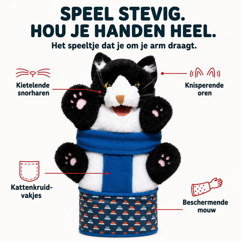 Brawlcat puppet with four paws and labelled features. Dutch text: play rough, keep your hands; the toy you wear on your arm; tickly whiskers, crinkly ears, catnip pockets, protective sleeve.