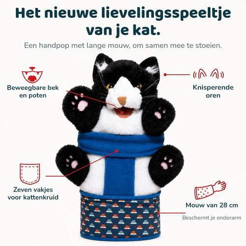 The Brawlcat puppet with four features labelled. Dutch text: your cat's new favourite toy; a hand puppet with a long sleeve, for wrestling around together; movable mouth and paws; crinkly ears; seven pockets for catnip; a 28 cm sleeve that protects your forearm.