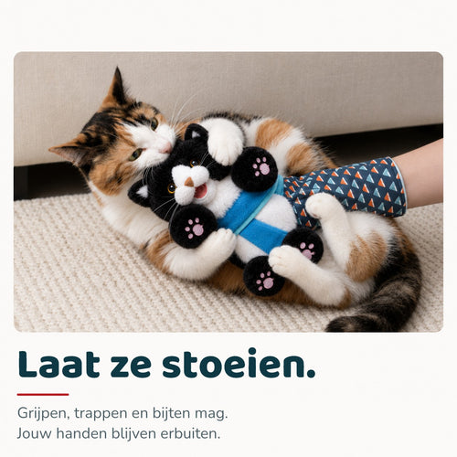 Calico cat wrestling the Brawlcat puppet on a rug. Dutch text: let them tussle; grabbing, kicking and biting is allowed, your hands stay out of it.