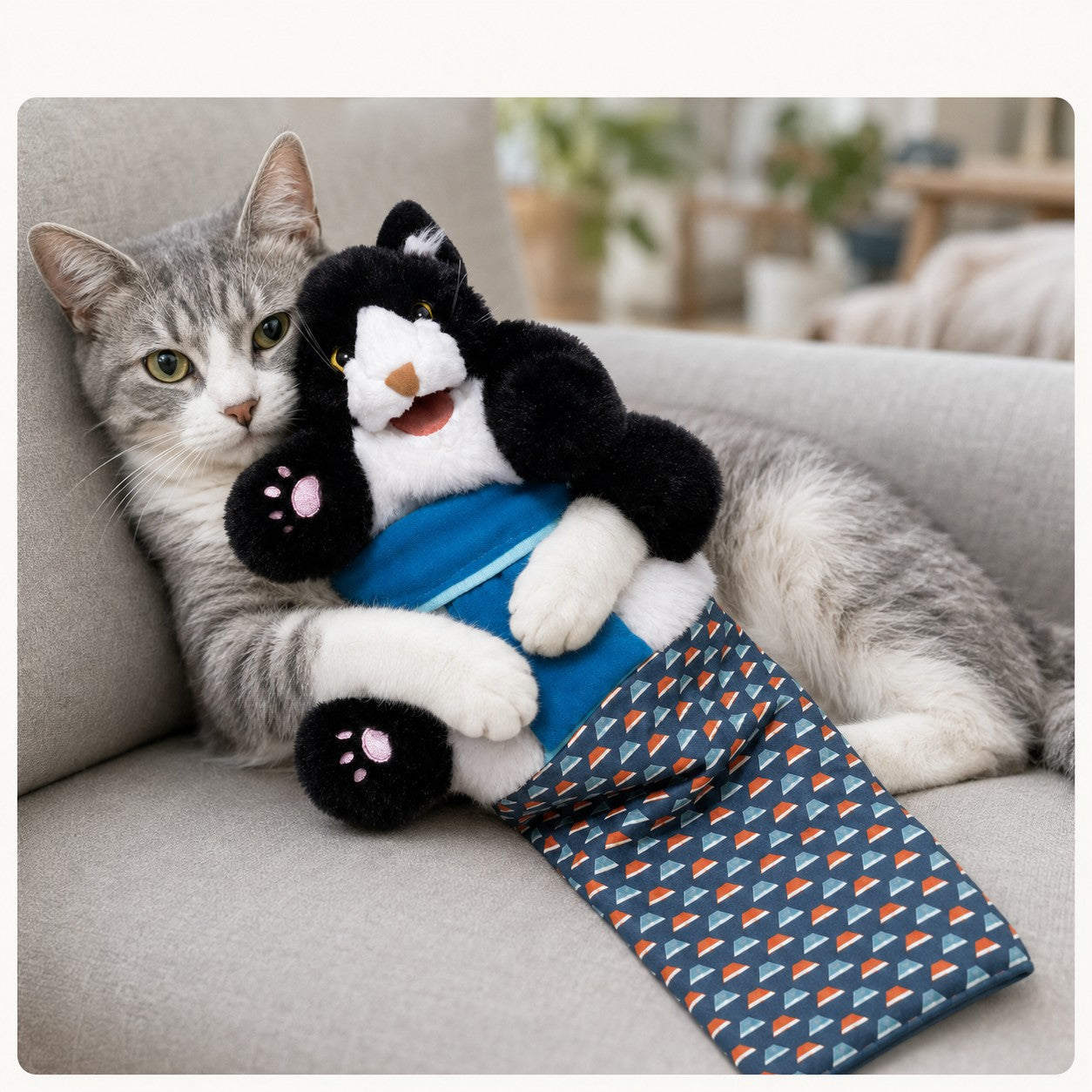 Grey cat cuddling the Brawlcat puppet on a sofa.